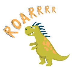 Dinosaur Roarrr lettering. Vector illustration in flat cartoon style. Childish design for baby poster, banner, and card.