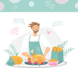 A food blogger tells how to cook a turkey, chicken for a festive dinner. The male character is preparing a vlog. The chef is in the kitchen. Cartoon people vector illustration. Cooking class banner.