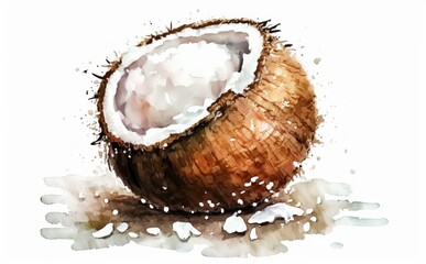 drawn coconut on white background watercolor exotic fruit illustrations Generative AI