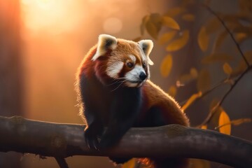 Cute red panda sits on the tree branch. Generative AI.