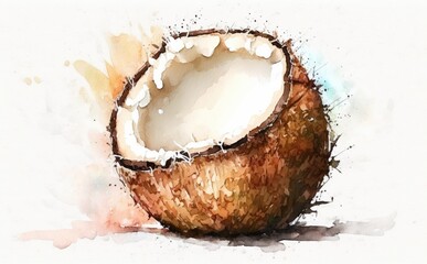 drawn coconut on white background watercolor exotic fruit illustrations Generative AI