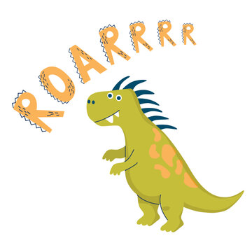 Dinosaur Roarrr lettering. Vector illustration in flat cartoon style. Childish design for baby poster, banner, and card.