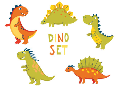 Dino set in simple hand drawn cartoon style.