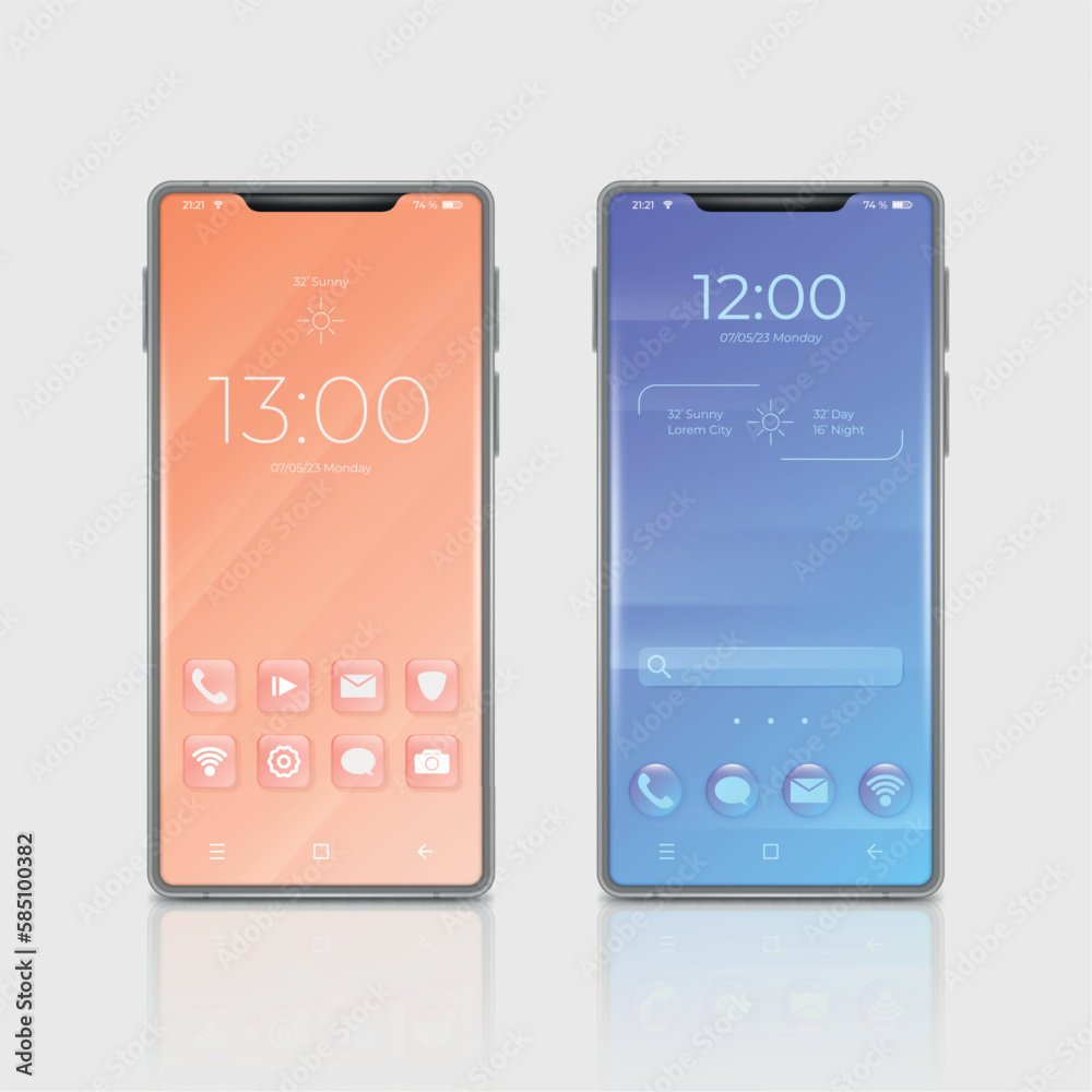 Aufkleber Mobile smart phone lcd screen. Cellphone interface design. Smartphone telecommunications. Telephone touchscreen UI. Digital technology. Realistic display. Vector isolated devices set