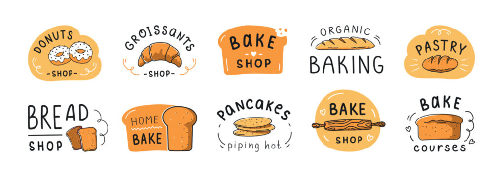 Bakery lettering logotype, bagel flour stamp. Bread letter tags, signs and symbols, croissants logo design, homemade pastry and bake logo, cupcake and baguette. Vector isolated illustrations set