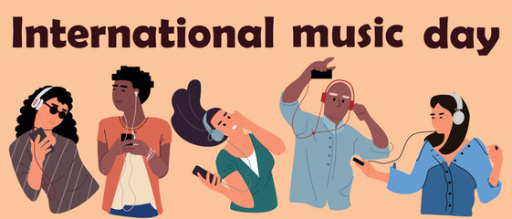 Obraz premium People listen to music. International musical day. Dancing women or men with headphones. Audio player. Modern leisure and entertainment. Persons enjoying of melody. Vector banner design