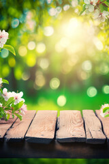 Spring background with empty wooden table. Natural template for product display with cherry blossoms bokeh and sunlight. generative ai. Empty wooden table in spring blooming cherry orchard.