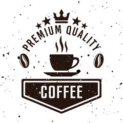 Coffee cup vector emblem, badge, label, sticker or logo in vintage style isolated on white background with removable textures