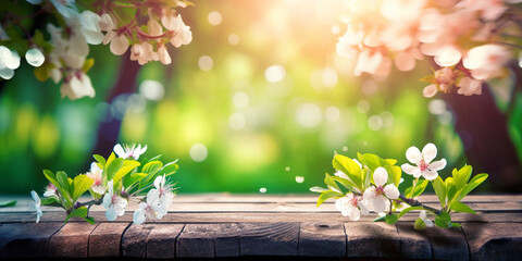 Spring background with empty wooden table. Natural template for product display with cherry blossoms bokeh and sunlight. generative ai. Empty wooden table in spring blooming cherry orchard.