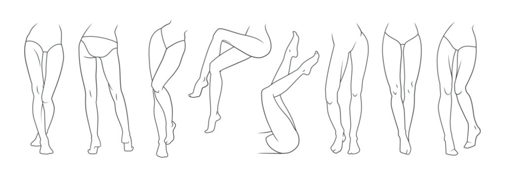 Outline woman leg. Line feet. Female body. Hand drawn shapes. Barefoot ankles and toes. Feminine swimsuit and lingerie. Slim lady knee in different poses. Vector sketch contours set