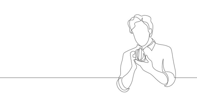 Animation of an image drawn with a continuous line. The man is holding a hot dog. The guy is going to have a hot dog snack.