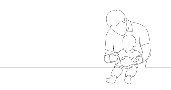 Animation of an image drawn with a continuous line. A man holds a child in his arms. Father and baby.