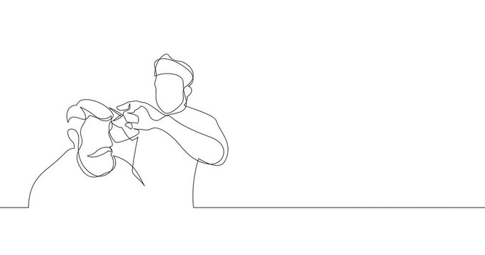 Animation of an image drawn with a continuous line. Hairdresser works on the hairstyle of a man with a beard. Barbershop scene.