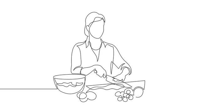 Animation of an image drawn with a continuous line. Woman prepares food in her own kitchen. Cooking scene.

