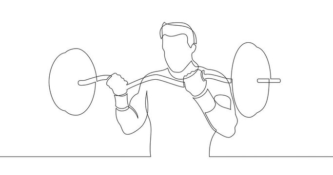 Animation of an image drawn with a continuous line. The man performs an exercise with a barbell. Athlete trains.
