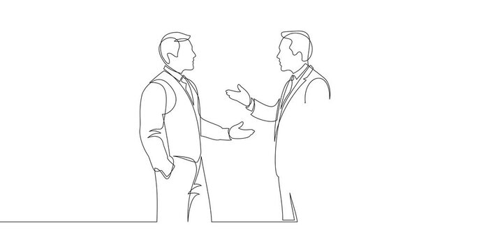 Animation of an image drawn with a continuous line. Dialogue of two businessmen. Business negotiations. Dispute of men.