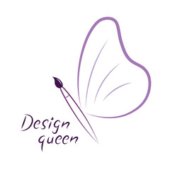 Logo for designer, butterfly silhouette, art brush instead of body, flat vector, isolate on white, contour drawing, , side view, picture in purple