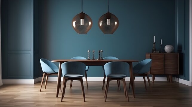 Dining room Mid Century modern interior design with blue chairs wooden table and hard wood floors, MCM, retro, vintage, home decor