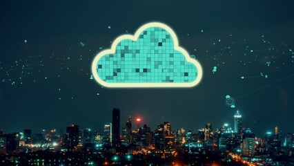 Cloud computing technology and online data storage for alteration data sharing . Computer connects to internet network server service for cloud data transfer shown in 3D futuristic graphic interface .