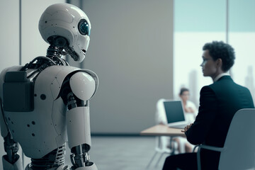 Robot employee sitting in the workplace in the office, modern technology android instead of an employee at the interview, cyber security business spheres. Generative AI.
