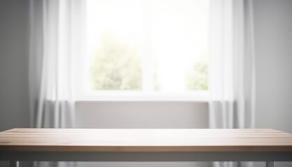 Wooden table with copy space and window background with curtains. Generative ai