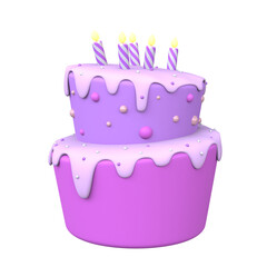 3D pink birthday cake render with candles for anniversary party. Purple cute sweet dessert food with decoration.
