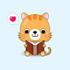 Cute cartoon cat reading book. Adorable animal back to school concept. Vector illustration. 