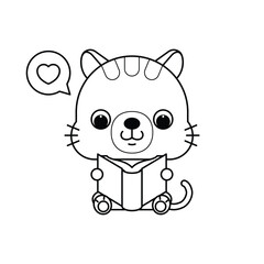 Cute cartoon cat reading book. Adorable animal back to school concept. Coloring book or page. Vector illustration.