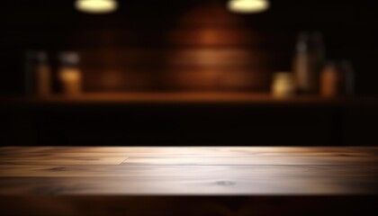Fototapeta na wymiar Empty wooden table for product display with blurred dark living room background. Genrative AI