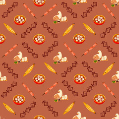 Chinese food seamless pattern. Hand drawn different types of asian food in wooden steamers repeating background. Tasty chinese food, delicious har gao, sticky rice, rolls.