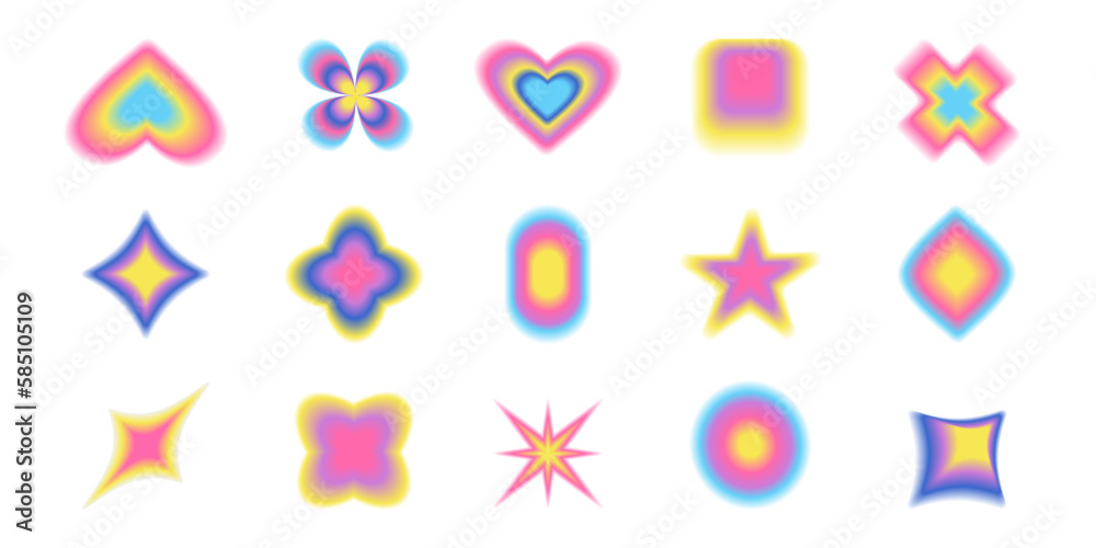 Poster gradient abstract blur shapes, blurry heart and floral aesthetic elements. colorful soft gradients. 