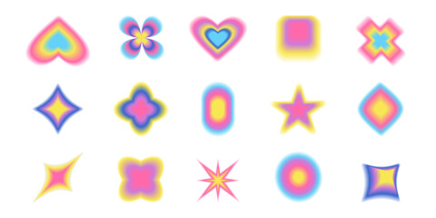 Gradient abstract blur shapes, blurry heart and floral aesthetic elements. Colorful soft gradients. Blur stars, moons. Various geometric shapes with blur effect vector set.