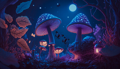 fantastic wonderland landscape with mushrooms, and flowers, morpho butterflies and moon. illustration to the fairy tale - obrazy, fototapety, plakaty