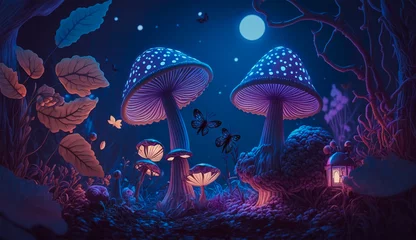 Foto op Aluminium fantastic wonderland landscape with mushrooms, and flowers, morpho butterflies and moon. illustration to the fairy tale © Yunus Ahmad