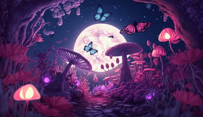 Foto op Aluminium fantastic wonderland landscape with mushrooms, and flowers, morpho butterflies and moon. illustration to the fairy tale © Yunus Ahmad