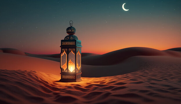 Eid Mubarak Ramadan Kareem islamic muslim holiday background with Arabic lantern with burning candle