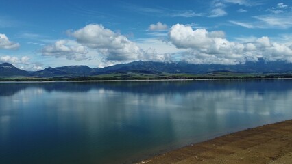 Aerial view of Liptovska Mara reservoir in Slovakia. Water surface