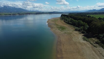 Aerial view of Liptovska Mara reservoir in Slovakia. Water surface