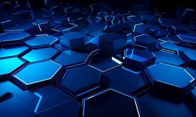 Blue hexagons and cubes with luminous lines. Futuristic shaped background. Generative AI.