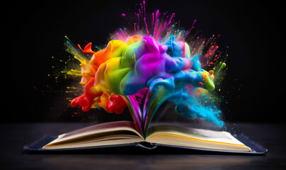 An opened book with colorful splash over it. Getting information, studying, adventure reading concept. Black backdrop. Generative AI.