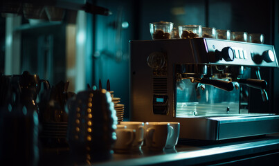 Coffee machine on the bar stand of cafe. Some cups on the coffeemaker. Crockery at foreground in blur. Generative AI.