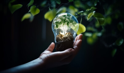 Hands holding the light bulb with tree growing inside. Branches with green leaves around. Nature protection concept. Generative AI.