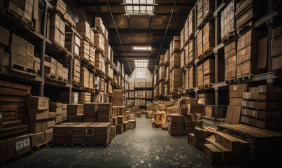 Fototapeta premium Storage warehouse with huge shelves filled with carton boxes. Big premises with windows in the ceiling. Cardboards ready for shipping. Generative AI.