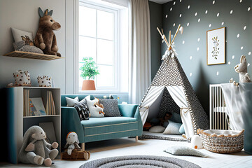 Modern bright nursery room with toys for child as interior design illustration (Generative AI)