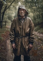 An old man in the forest wearing a raincoat 