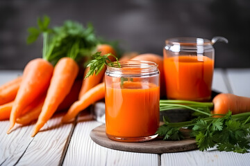 Fresh carrot juice on wooden background , Generative AI