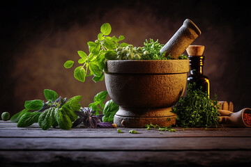 mortar and pestle with herbs - obrazy, fototapety, plakaty