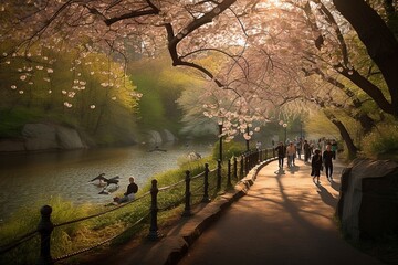 Central Park in Full Bloom, Morning Sun Illuminates New York's Oasis by Generative AI - obrazy, fototapety, plakaty