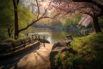 Central Park in Full Bloom, Morning Sun Illuminates New York's Oasis by Generative AI
