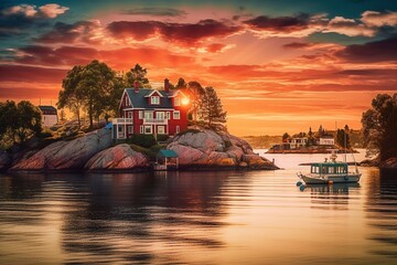 Stockholm Archipelago View, Charming Waterfront Houses and Historic Buildings by Generative AI - obrazy, fototapety, plakaty